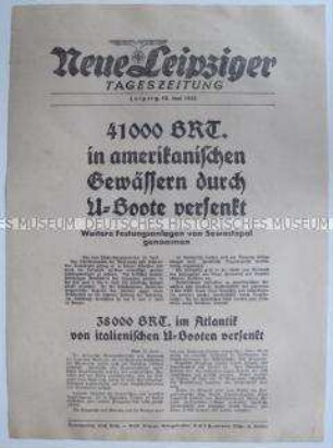 Extrablatt der "Neuen Leipziger Tageszeitung" u.a. zum Angriff auf Sewastopol und U-Bootkrieg im Atlantik
