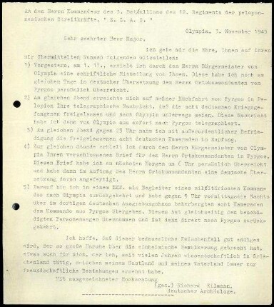 R. Eilmann an Kommandeur, 3. Batallion, 12, Regiment, Peloponnes, E.L.A.S.
