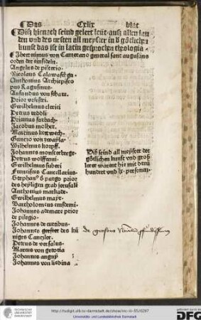 Diss hienach seind gelert leüt auss allen landen und des ersten all meyster in der goetlichen kunst das ist in latin gesprochen theologia.