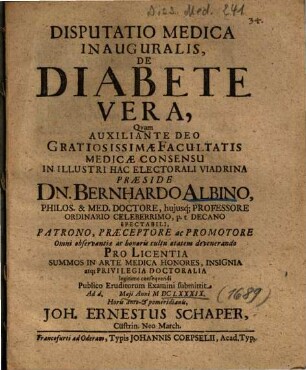 Disputatio Medica Inauguralis, De Diabete Vera