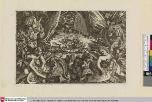 [Trophäen in der Mitte eine Szene mit Reitern; Trophée d'armes formant comme une bordure]