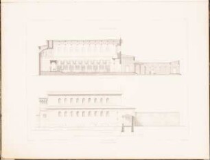 Die Friedenskirche in Sanssouci, Potsdam: Längsschnitt, Seitenansicht (aus: Entwürfe zu Kirchen, Pfarr- und Schulhäusern, hrsg. von der Kgl. Preuß. Oberbaudeputation, 1845-1855)