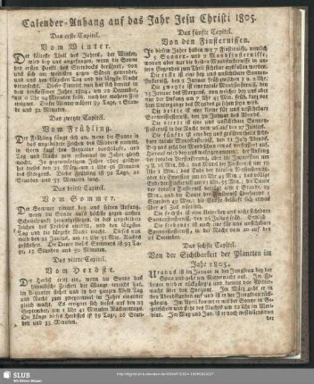 Calender-Anhang auf das Jahr Jesu Christi 1805