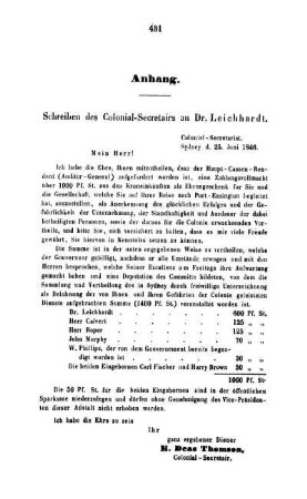 Schreiben des Colonial-Secretairs an Dr. Leichhardt