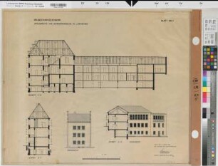 Lüdenscheid, Amtsgericht und Gefängnisgebäude, Schnitt C-D, Schnitt E-F, Schnitt G-H, Südansicht, Baubestandszeichnung