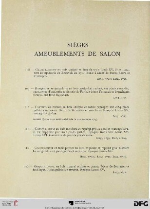 Sièges ameublements de salon (Nr. 108-118)
