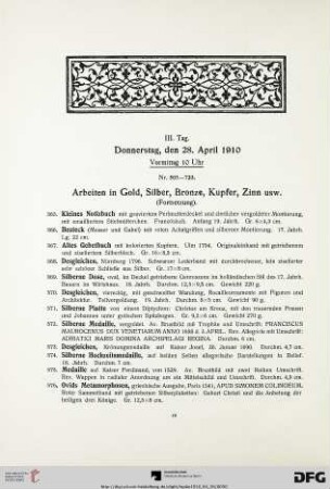 Arbeiten in Gold, Silber, Bronze, Kupfer, Zinn, Marmor, Alabaster, Holz, Elfenbein, Horn usw. (Fortsetzung) (Nr. 565-723)