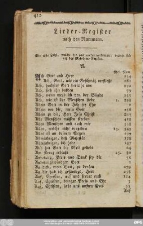 Lieder-Register nach den Nummern.