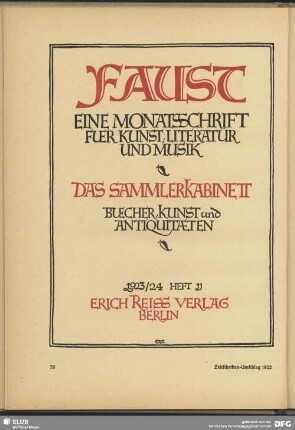 Zeitschriftenumschlag "Faust. Eine Monatsschrift für Kunst, Literatur und Musik"