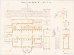 Universität Münster Botanisches Institut: Gärtnerwohnung: Grundriss Keller, Erdgeschoss, Aufriss 1:100. Hörsaal: Grundriss Keller, Erdgeschoss, Aufriss Vorderansicht, Seitenansicht 1:100. Warmhaus: Grundriss Keller, Erdgeschoss, Aufriss Vorderansicht, Seitenansicht, Querschnitt 1:100. Palmenhaus: Grundriss Keller, Erdgeschoss, Dachgeschoss, Aufriss Vorderansicht, Querschnitt 1:100.