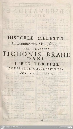 HISTORIAE CAELESTIS ... LIBER TERTIUS ...