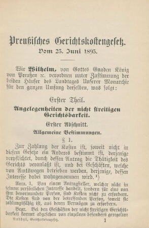 Preußisches Gerichtskostengesetz. Vom 25. Juni 1895.