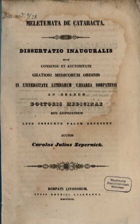 Meletemata de cataracta : dissertatio inauguralis