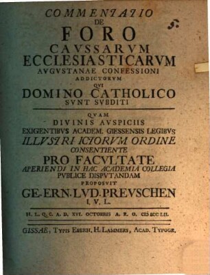 Commentatio de foro caussarum ecclesiasticarum Augustanae Confessioni addictorum, qui domino catholico sunt subditi