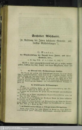 Sechster Abschnitt. In Ansehung der Juden bestehende Gewerbs- und sonstige Beschränkungen