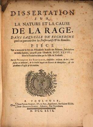 Dissertation sur la nature et la cause de la rage