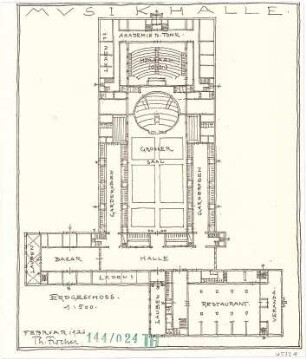 Fischer, Theodor; München, Alter Botanischer Garten; Musikhaus und Kunstgebäude - Musikhalle (Grundriss EG)