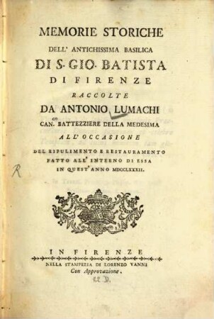 Memorie storiche dell'antichissima basilica di S. Gio Batista di Firenze