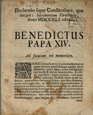Declaratio super constitutione, quae incipit: Sacramentum Poenitentiae ... a 1741 edita