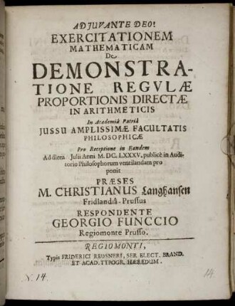 Exercitationem Mathematicam De Demonstratione Regulae Proportionis Directae In Arithmeticis