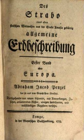 Des Strabo eines alten stoischen Weltweisen aus der Stadt Amasia gebürtig allgemeine Erdbeschreibung, 1. Europa