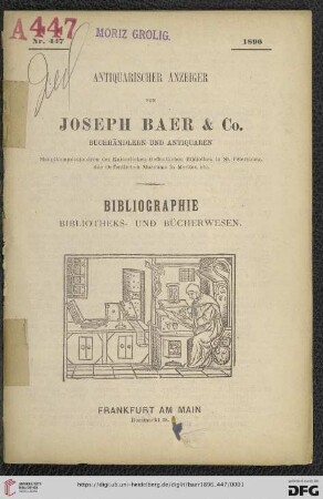 Nr. 447: Lagerkatalog / Josef Baer & Co., Frankfurt a.M.: Bibliographie, Bibliotheks- und Bücherwesen