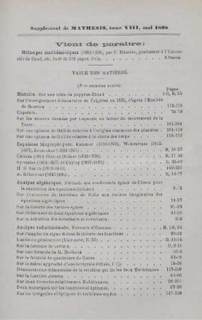 Supplément de MATHESIS, tome VIII, mai 1898.