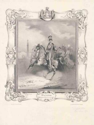 Maximilian, Herzog (1817 - 1852) von Leuchtenberg in Uniform, Mütze und Schärpe, mit gezogenem Säbel vor Gefolge reitend