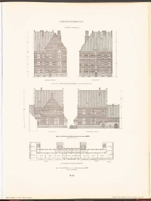 Gemeindeschule in der Stralauer Allee, Berlin: Grundriss 2. OG, Ansichten Lehrerwohnhaus, Ansichten Schulgebäude (aus: Neubauten der Stadt Berlin, Bd. III, 1904)