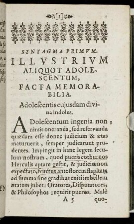 Syntagma Primum. Illustrium Aliquot Adolescentum, Facta Memorabilia