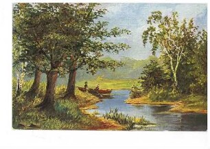 Boot mit zwei Personen in einer Wald- und Seenlandschaft