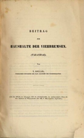Beitrag zum Haushalte der Viehbremsen : (A. d. Sitz. Ber. d. Kais. Acad. d. Wiss. Bd. XIII, S. 531)