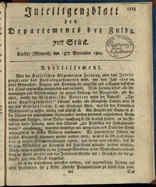 71tes Stueck, (Mitwoch) den 13ten December 1809