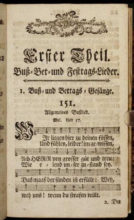 Erster Theil. Buß- Bet- und Festtags-Lieder.