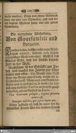 Die vierzehnde Abtheilung, Von Sparsamkeit und Ausgaben