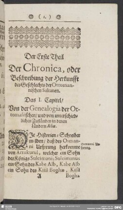 Der Erste Theil Der Chronica, oder Beschreibung der Herkunfft des Geschlechts der Ottomannischen Sultanen