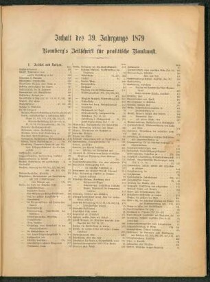 Inhalt des 39. Jahrgangs 1879. Romberg's Zeitschrift für praktische Baukunst