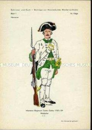 Uniformdarstellung, Musketier der Infanterie, Kurfürstentum Hannover, 1757/1759.
