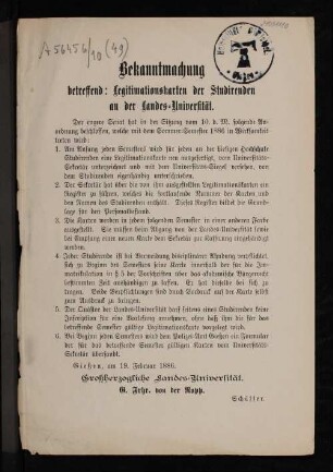 Bekanntmachung betreffend: Legitimationskarten der Studirenden an der Landes-Universität