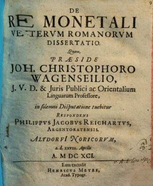 De Re Monetali Vetervm Romanorvm Dissertatio