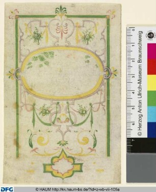 Ornamentales Stammbuchblatt mit ovalem Mittelschild und Groteskenmotiven