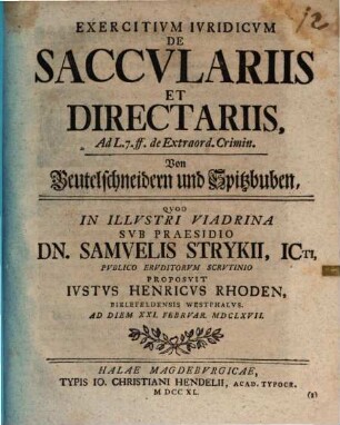 Exercitium iur. de sacculariis et directariis, von Beutelschneidern und Spitzbuben