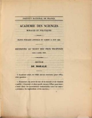 Académie Royale des Sciences Morales et Politiques. Séance publique annuelle du samedi 15 juin 1850