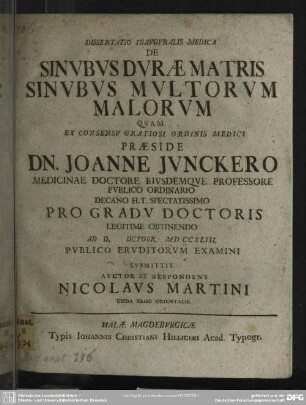 Dissertatio Inauguralis Medica De Sinubus Durae Matris Sinubus Multorum Malorum