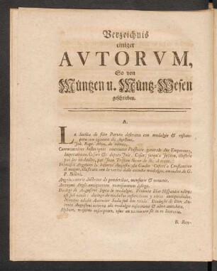 Verzeichnis einiger Autorum, So von Müntzen u. Müntz-Wesen geschrieben