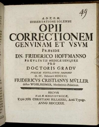 Dissertatione Solenni Opii Correctionem Genuinam Et Usum