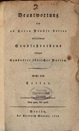 Beantwortung des an ... Probst Heller erlassenen Sendschreibens einiger Hausväter jüdischer Nation