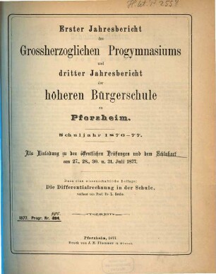 Jahresbericht des Grossherzoglichen Progymnasiums zu Pforzheim : Schuljahr .... 1876/77