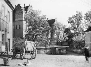 Trebsen. Schloß, Blick vom Gutshof auf die Südfront. Pferdeleiterwagen