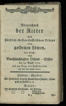 Verzeichniß der Ritter des Fuerstlich-Hessen-Casselischen Ordens vom goldenen Loewen